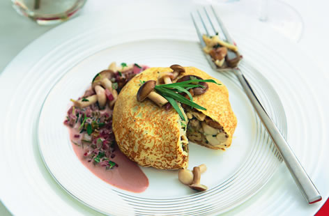Novelli steamed winter mushroom and chestnut crepe parcels